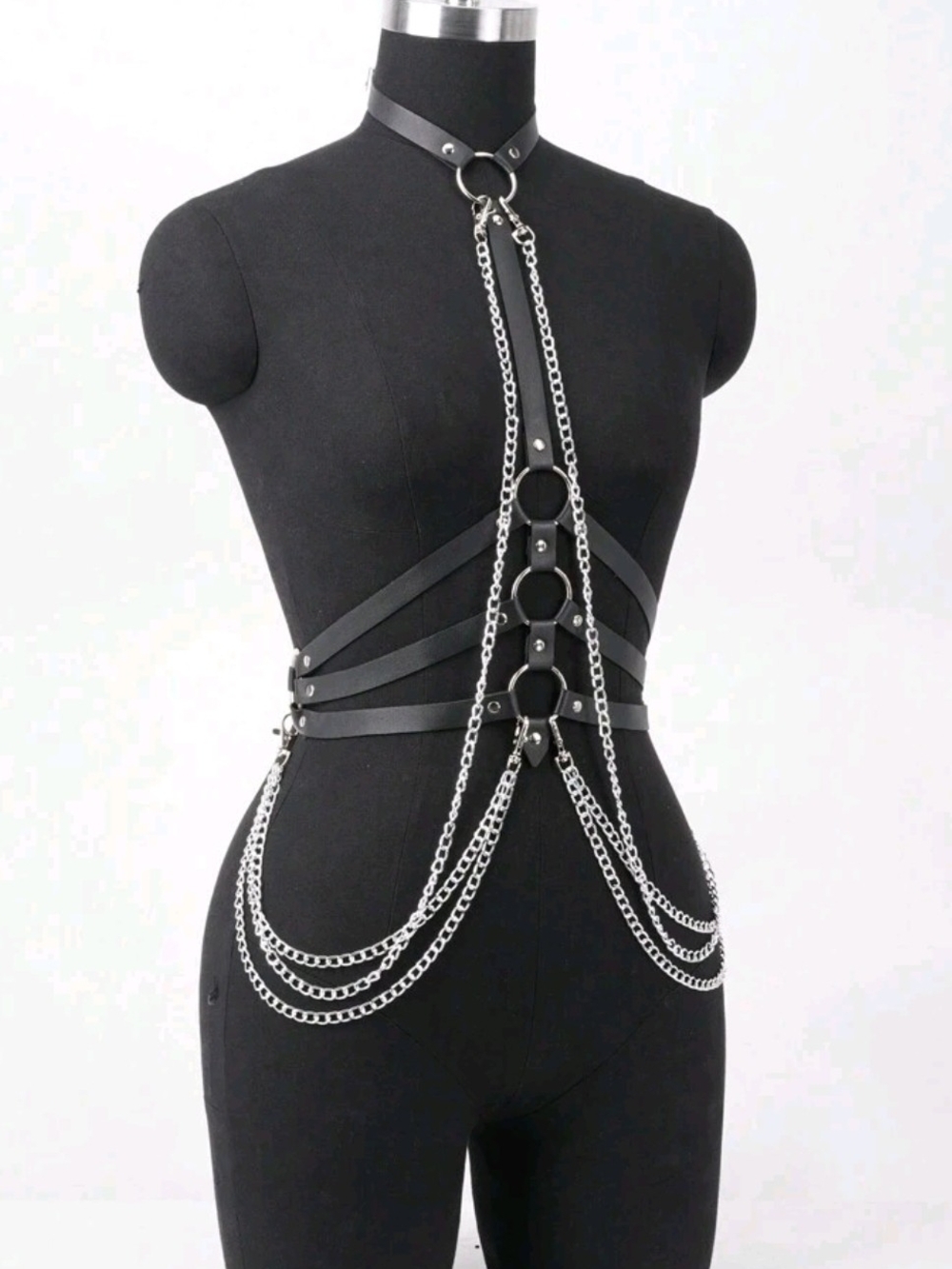 Gothic Faux Leather Harness with Silver Chains - Picture 2 of 8